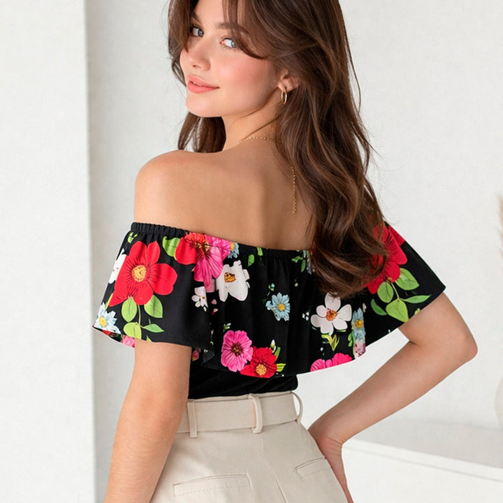 🌸 Blusa Campesina Negra con Estampado Floral